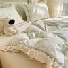 Juego de cuatro piezas floral de algodón 100% clase A, ropa de cama de encaje francés, funda de edredón y sábana de algodón 100% puro, estilo princesa para uso en la cama