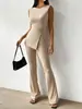 820 Moda Europea y Americana Transfronteriza Estilo Elegante Top Redondo Elegante para Mujer con Chaleco de Dobladillo con Abertura y Ligeramente Acampanado