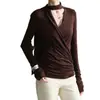 Top elegante estilo francês para mulheres, com gola halter, decote V, torcido na frente, manga longa, cintura marcada com pregas, caimento justo