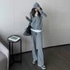 Conjunto Esportivo Casual Feminino com Capuz, Moda Primavera e Outono, Novo, Emagrecedor, Calças de Perna Larga, Conjunto de Duas Peças