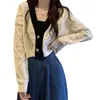 Cardigan de Tricô com Decote V Cor de Café para Mulheres, Curto para Primavera/Outono, Cintura Alta, Mangas Longas, Peça para Outono Inicial, Suéter, Casaco, Top para Baixinhas