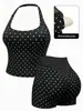 Nuevo conjunto de tank top sin costuras de lunares europeo y americano con almohadillas en el pecho, conjunto de yoga para exteriores para mujer, conjunto de pantalones deportivos de melocotón para realzar los glúteos