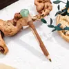 Caneta Esferográfica de Madeira Maciça com Pedra Natural Cristalizada Triturada e Resina Coruja Suporte de Caneta de Madeira Original Ornamento de Decoração de Cristal Venda por Atacado