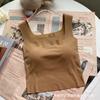Camisola Versátil de Seda Helada Cuadrada Sin Costuras para Verano para Mujer Color Sólido Simple Capa Base con Almohadilla en el Pecho Ropa Exterior Moda Top