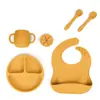 Plato con Ventosa Resistente a Caídas, Tenedor, Cuchara y Taza de Silicona de Grado Alimenticio Transfronterizo, Set con Babero de Silicona