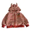 Ropa Diaria para Niñas: Linda Chaqueta Cardigan Rayada de Bloques de Color con Cremallera y Capucha de Cuerno para Otoño