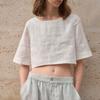 Camiseta de Linho Puro de Alta Qualidade para Mulheres, Gola Redonda Solta, Manga Média, Cropped Europeu e Americano de Verão, Camiseta de Manga Curta para o Dia a Dia Francês