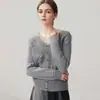 Nuevo cárdigan de cachemira para otoño e invierno con diseño de encaje patchwork, cuello en V para mujer, corte holgado, adelgazante y cálido suéter de lana