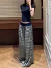 Calça Casual Listrada com Cordão de Cintura Alta para Mulheres, Tendência Outono 2025 Calça de Perna Larga para Pessoas Altas, Calça Extra Longa de Comprimento Total, Tamanho 175