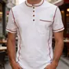 Camisa básica Henley masculina de manga curta com gola redonda estilo americano da Amazon, camiseta masculina de manga meia-manga em algodão falso com blocos de cor da moda
