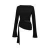 Camiseta Elegante de Color Sólido con Hombro Oblicuo y Mangas Largas para Mujer Estilo Europeo y Americano Costura de Encaje en la Cintura Lateral Transparente Sexy Top Asimétrico