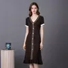 Vestido de punto con cuello en V, manga larga, de un solo pecho, fruncido en la cintura, para mujer, suéter de otoño, ajustado, modelo nuevo 2026