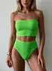 Maiô de duas peças europeu e americano para comércio transfronteiriço, tecido com estampa de ondas, cor sólida, novo biquíni strapless para férias na praia e águas termais
