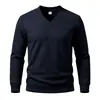 Suéter Pesado Jacquard Masculino Gola V 2026, Pulôver Casual de Manga Longa Cor Sólida Elástico