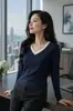 Suministrado directamente por la fábrica de ropa de origen, top versátil de retazos para mujer de talla grande de otoño con manga larga y cuello en V, disponible para pedidos personalizados con sus propios diseños o muestras.
