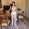 Traje de baño Femenino ins Super Hada Una pieza Pequeño Fragante V Profundo Sexy Espalda Descubierta Estilo Lujuria Pura Falda de Gasa Blanca Traje de baño de Vacaciones