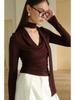 Estilo Elegante Europeu e Americano para o Dia a Dia com Lenço de Fita, Design de Manga Longa, Blusa Top Feminina Plissada Curta para Primavera e Outono