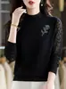Suéter de Encaje de Cuello Medio Alto para Mujer, Estilo Delgado de Primavera y Otoño, Top Tejido Elegante de Alta Gama con Pedrería, Camisa Básica Holgada de Moda, Moderno