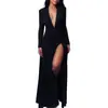Vestido largo brillante estilo europeo y americano, escote en V pronunciado, manga larga, entallado en la cintura, plisado, abertura alta, vestido de noche brillante