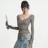 Camiseta de manga larga a rayas retro, una elegante capa base para mujer, perfecta para otoño e invierno, con un corte ajustado y un diseño moderno, lo que la convierte en un hermoso top para llevar solo o como capa interior