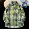 Camisa de Cuadros Tie-Dye Estilo Retro Americano para Hombre, Camisa de Manga Larga de Alta Gama para Primavera y Otoño, Chaqueta de Tendencia Nicho para Pareja