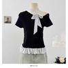 Moda de Verano Estilo Coreano Elegante Diseño con Costuras Sentido Polo Lunares Lazo Hombro Camiseta Prendas de Punto para Mujer Top Casual
