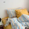 Juego de Cuatro Piezas de Algodón Puro Waffle Jacquard Estilo Coreano, Funda Nórdica de Rayas Simples, Sábana Ajustable, Sábana Plana, Ropa de Cama para Dormitorio