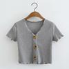 Moda Feminina Europeia e Americana Nova da Primavera Camiseta Curta de Três Botões com Decote em V Justa Mostrando o Umbigo Top C4908