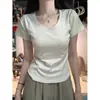 Algodão Puro Design Curto Senso de Estilo Ombro Direito Gola U Manga Curta Camiseta Feminina Verão Garota Quente Estilo Básico Versátil Slim Fit Cintura Marcada Top