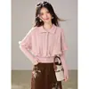 Suéter Capa Estilo Francés Pequeña Fragancia para Dama Mujer Otoño Invierno Nuevo Alta Sociedad Burguesía Blusa con Volantes Tejido de Punto Rosa