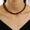 Colar clavícula vintage de contas redondas de vidro cor bordô, colar de camada única lisa cor sólida imitação de ágata granada