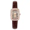 Relógio de Pulso Feminino Quartz Oval Cravejado de Cristais de Luxo, Pulseira de Couro Preta Ouro Rosa Bling para Vestir