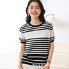 Suéter de algodón de manga corta para mujer, cuello redondo, primavera y verano, a rayas, color contrastante, fino, camiseta básica de algodón y lino, top adelgazante al por mayor