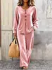 Ropa de otoño e invierno nueva para mujer europea y americana transfronteriza: traje casual de terciopelo con top de manga larga abotonado y pantalones largos holgados conjunto de dos piezas