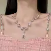 Conjunto de Collar y Pendientes de Lágrima con Diamantes Brillantes Dulces Rosas, Joyería de Moda de Alta Gama de Diseño de Nicho Exquisito de Lujo Ligero