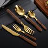 Juego de cubiertos estilo ins con mango de imitación de madera, estilo retro japonés de grano de madera, cuchillo para bistec, tenedor, cuchara, acero inoxidable, cuchillo occidental