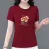 Comercio exterior transfronterizo~Camiseta de manga corta de alta gama para mujer, nuevo estilo de verano, estampada, corte holgado, adelgazante, top casual para madres de mediana edad