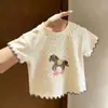 Roupa infantil coreana para meninas, estampa fofa de cavalinho, camiseta de manga curta para meninas, bolinhas, barra com babados moderna, top da moda
