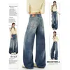 Jeans retro americanos sueltos lavados bordados con dobladillo curvo para mujer, nuevos de verano 2026 pantalones rectos de pierna ancha hasta el suelo
