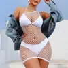 Comércio Exterior Transfronteiriço Lingerie Sexy Estilo Europeu e Americano, Vazada, Malha Transparente, Saia Bodycon, Ombro a Ombro, Gola Halter, Meia-calça Arrastão Justa