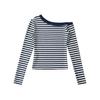 Estilo retro europeo y americano corte ajustado top corto para fondo para mujer nuevo otoño temprano 2024 camiseta de manga larga con rayas y hombro diagonal al por mayor