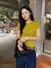 Camiseta de Manga Curta Lyocell Tencel para Mulheres 2026, Top de Gola Redonda Slim Fit, Camiseta de Verão com Manga Flare e Ombro Normal
