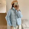 Jaqueta de algodão tricotada patchwork azul suave estilo coreano para mulheres, corte solto, emagrecimento, casaco de inverno super estiloso para mulheres baixinhas