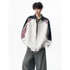 Sudadera con cremallera a rayas y bloques de color, cuello alto, estilo retro americano, versátil, para hombres y mujeres, chaqueta casual y elegante para otoño e invierno