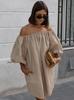 Vestido Jersey Francés con Hombros Descubiertos, Cuello de Línea Única y Manga Abullonada 2025 Verano Europeo y Americano Cómodo Moda al por Mayor Falda Corta para Mujer