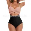 Europa y Estados Unidos nuevo traje de baño de una pieza combinación de colores sexy con tiras cruzadas huecas traje de baño para mujer Amazon transfronterizo disponible al por mayor