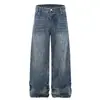 L838 Estilo High Street Americano Unisex Gama Alta Lavado Retro Diseño de Rayos Jeans Rectos Holgados para Hombre