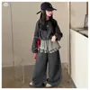 Nuevo conjunto de sudadera con detalles plateados para niña, pantalones de pierna ancha a cuadros estilo coreano con solapa trasera, pantalones de chándal largos para niños mayores