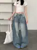 Calça Jeans Solta Azul Lavada Vintage para Mulheres, Novo Estilo de Verão, Calça de Cintura Alta Wide Leg Comprida, Calça Curva