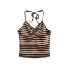 Conjunto de Duas Peças Halter Neck Tank Top Casual de Verão Europeu e Americano + Short Cintura Cropped Listrado Retrô Americano